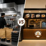 Cloud kitchen vs food franchise comparison image showing a delivery-only kitchen setup beside a Rolls with Bond branded QSR outlet in India.